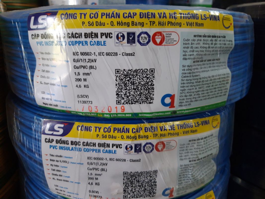 Cáp điện LS Vina có sẵn - Dây cáp LS-VINA Cu/PVC 1.5 sqmm – cuộn 200m